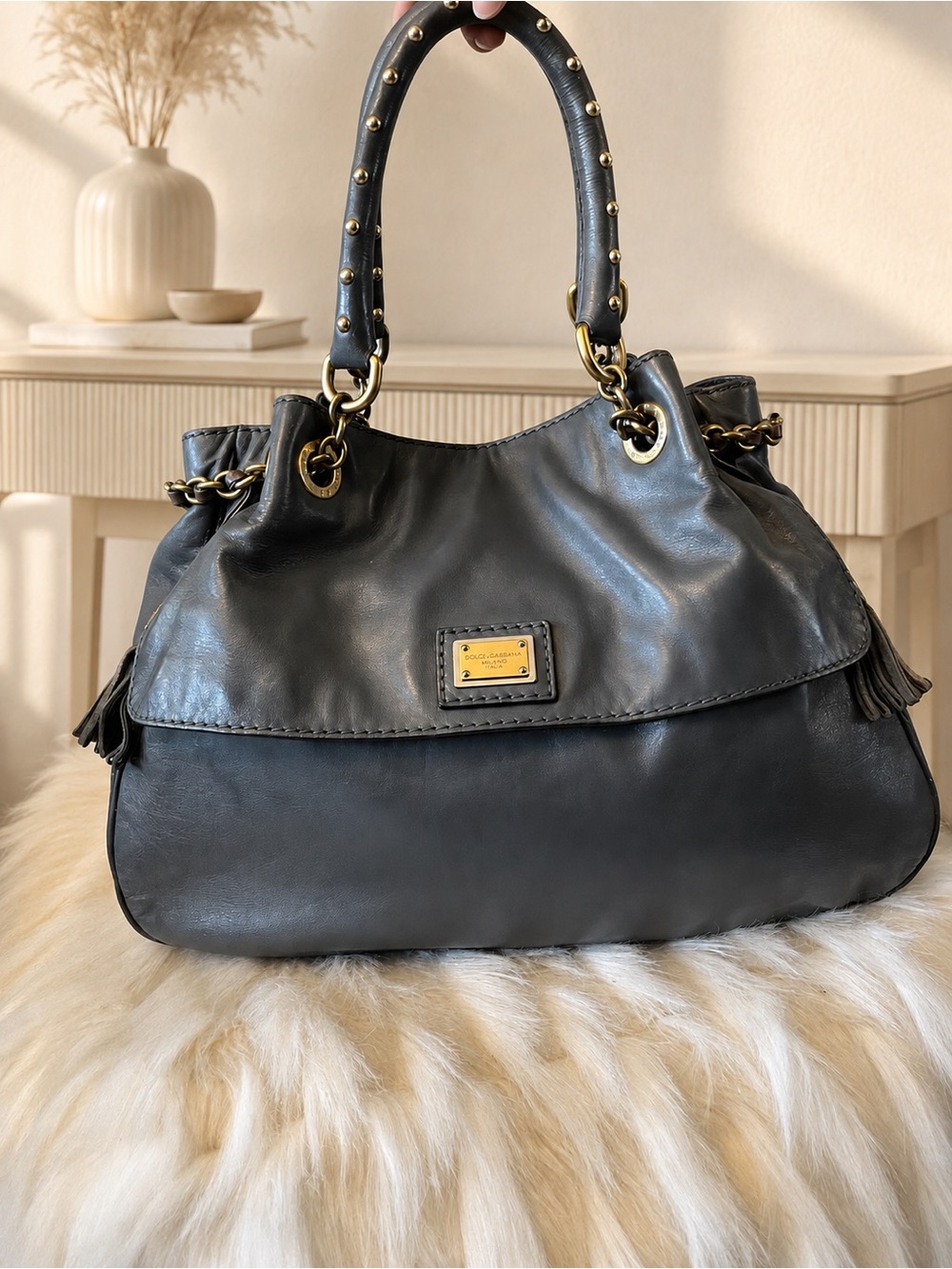 Dolce & Gabbana Gray Leather Shoulder Bag with Tassels - Picture 2 of 5
